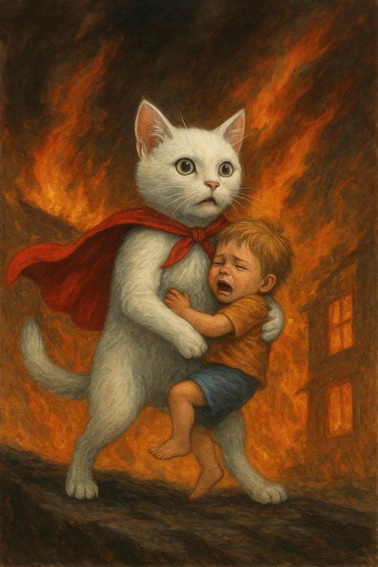 英勇的小白貓拯救人類小孩(圖片由GPT生成)