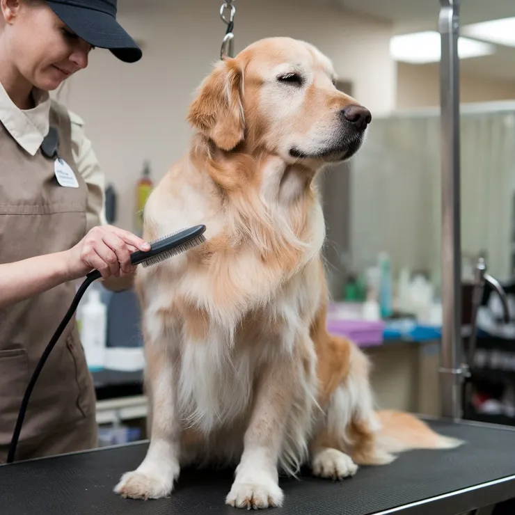 a dog looking relaxed while being brushed by a professional
