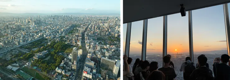 左圖是從60樓看下去的樣子，相片中的公園就是剛剛提到的天王寺公園，右圖是最後沒有等夕陽落下只拍了一張照就走的樣子。
