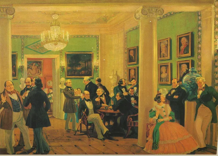 清談或許更接近沙龍的情境(B.Kustodiev “In Moscow living room”)【圖片來源:維基百科】
