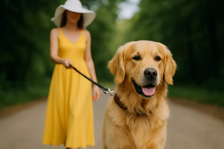 黃衣白帽、牽著黃金獵犬的女人 - ChatPGT