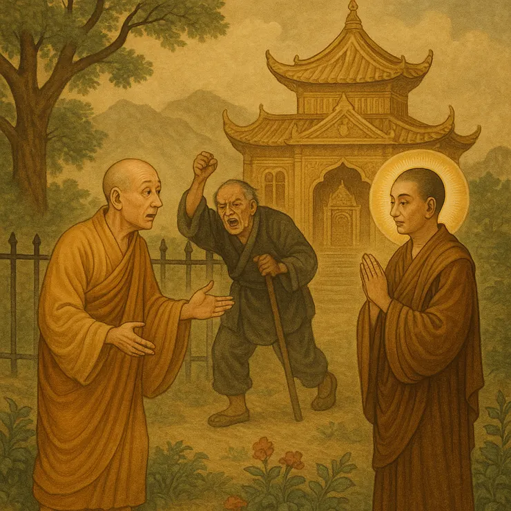 岡法師跟隨李先生前往寂滅寶宮，被老和尚斥責。（AI示意圖）