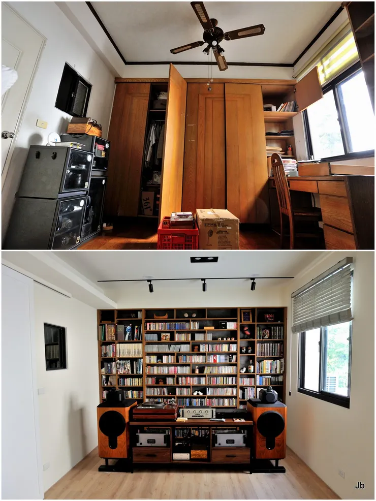 大破大立！二樓音響室南面，上昔下今。昔為我與妻臥房，今為專用音響室。