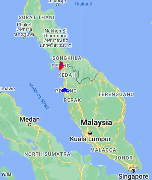 藍點是檳城，紅點是玻璃市