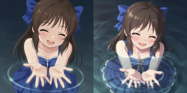 左圖：Balanced，右圖：Low Noise。Prompt：masterpiece, best quality, amazing digital art, zzArisuTachibana, brown hair, blue bow, blush, smile, wink, water, own hands together, water ripples, cinematic lighting, volumetric lighting, atmospheric glow, complex contrast, masterpiece, best quality