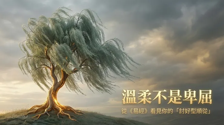 風強勁時，柳樹隨風而動（順勢），但因為根扎得深（自我核心），它從未折斷。這就是《易經》巽卦的智慧：真正的溫柔要有底氣，而不是隨風倒下的牆頭草。