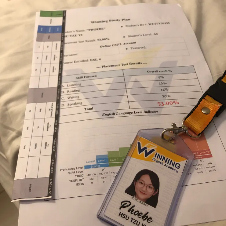 一大早拿到學生證和分班成績單，我在A2。簡單來說就是比放牛班再好一點點；my English is really not good :( 照片有分數，偶沒及格，不過speaking 倒是挺高的哈哈（盲目的自信）