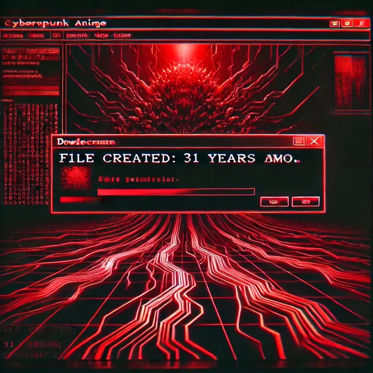 下載進度條如血管般延伸，螢幕顯示檔案建立於三十一年前。