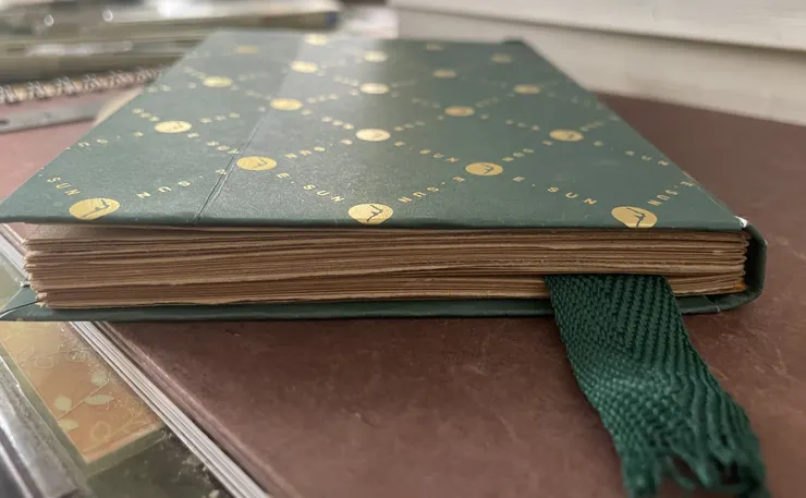 書側面的樣子，那條綠色的帶子，原本是紙袋上的手提的帶子。。