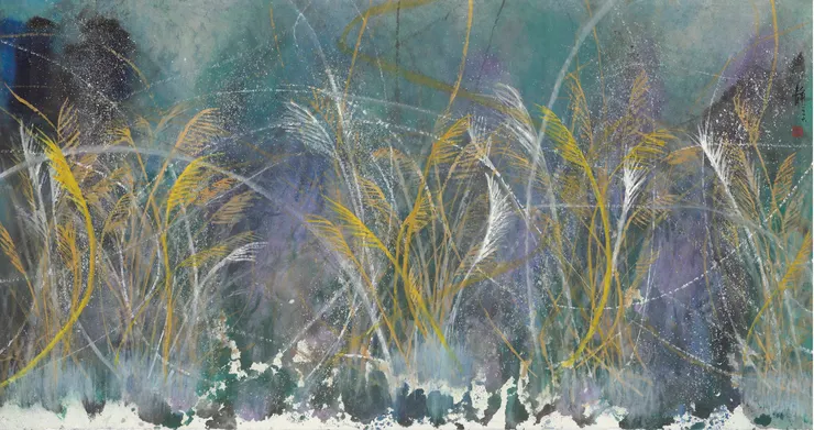 2016 - 江心靜 - 道隱系列-風中蘆葦-76x144-水墨設色紙本