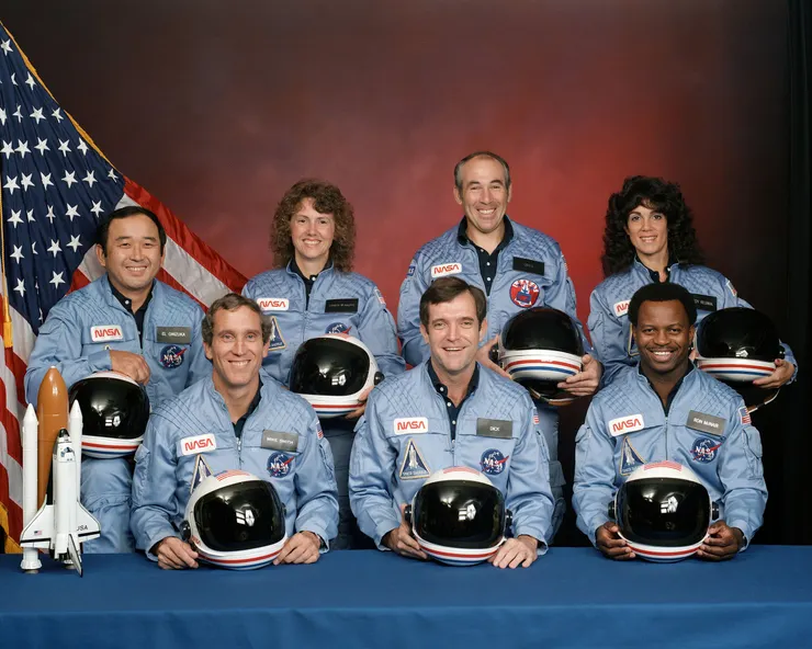 Back row: Onizuka, McAuliffe, Jarvis and Resnik Front row: Smith, Scobee and McNair