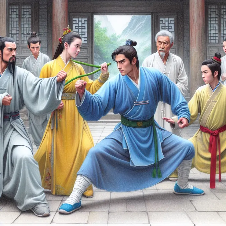 黃衫女子帶著史紅石闖入丐幫總舵幫助張無忌，(打狗棒怪怪的)。