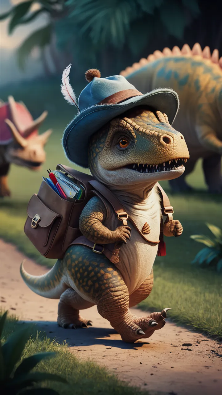 Create a cute picture of a dinosaur wearing a hat and a school bag., illustration