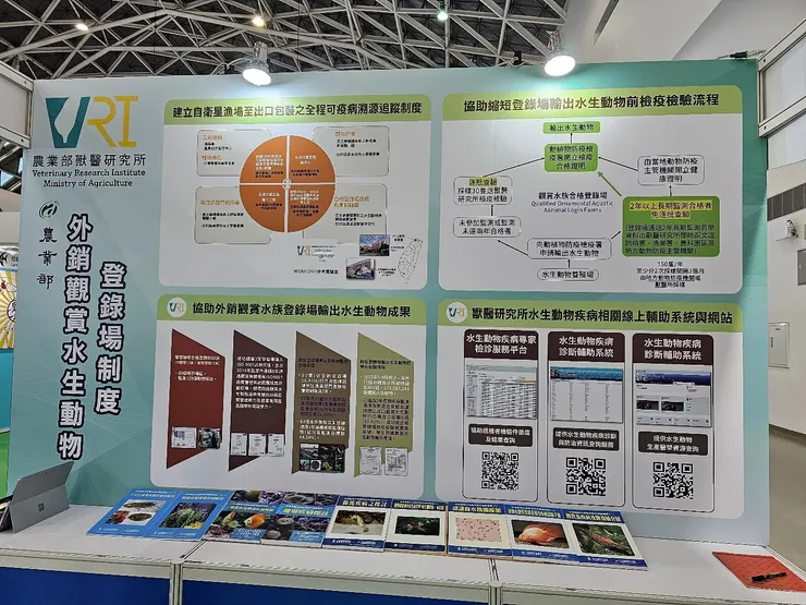 「台灣目前觀賞水族登錄場制度及推動成效」與「本所提供園區進駐業者快捷檢疫服務資訊」主題在博覽會農業部農科園區攤位展出。
