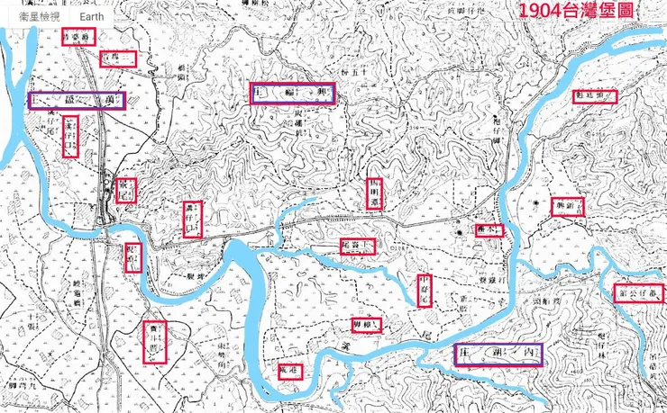 1904年《台灣堡圖》（圖片來源：中央研究院台灣百年歷史地圖、顏文魁老師繪製）
