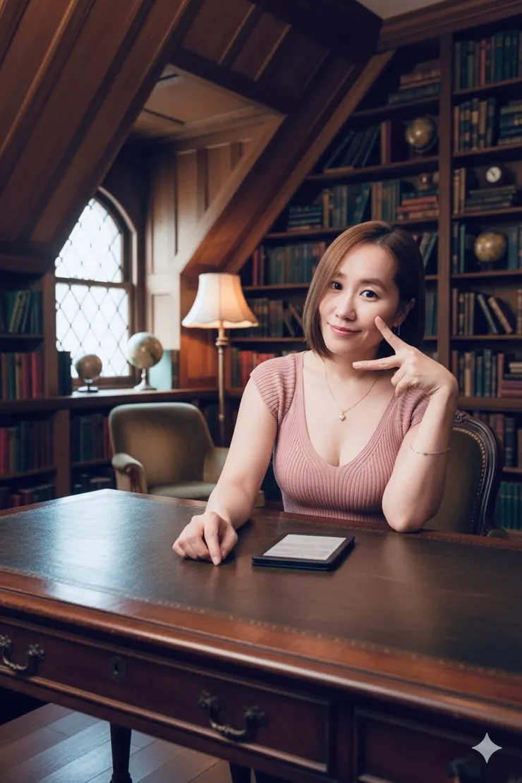 人物和電子書不變，背景改成復古風格閣樓書房