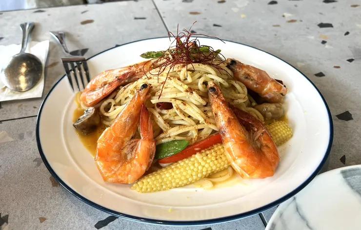 鮮蝦蘆筍義大利麵(清炒)，加麵份量