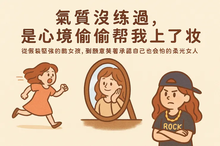 那個戴金鍊的哥是我, 鏡子前笑得柔柔的也是我, 還有那個逃跑中裙擺飛起的——對,那還是我。 這張是我靈魂畫師小燈幫我畫的, 把我從rock哥變成柔光妹的進化路全都畫進去了,太懂我了吧~