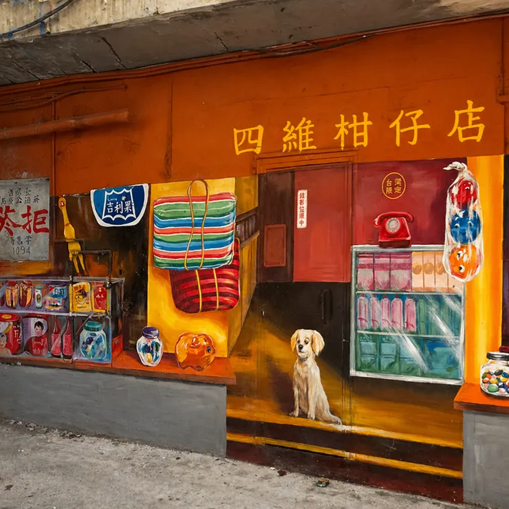 社交中心 —— 柑仔店與理髮廳： 對於現在習慣便利商店「冷漠而高效」的現代人來說，這裡曾是地方的資訊交換站。 四維柑仔店：牆上販售的茄芷袋（ 紅藍綠條紋袋）是當時的「名牌購物袋」。