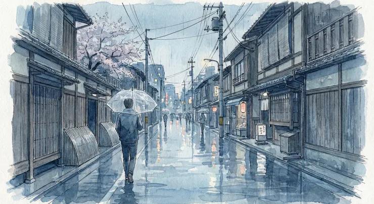 「請以日系水彩插畫風格 繪製一個下雨的城市街景， 視角為行人高度， 色調偏藍灰， 整體情緒安靜、略帶孤單感。」