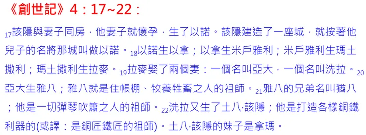 記述著亞當一支屬世支族的多妻開端，以及建築農牧、音樂藝術及科學技術的成就。土八‧該隱妹子拿瑪(Naamah)與挪亞妻同名，大洪水後仍存活?