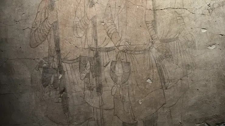 圖19 <<儀仗隊伍圖>> 隋(581-618年)出土於2005年潼關稅村隋墓 墓道東壁中第二組人物 局部。隋代的側背包樣式就算放在現代也挺時尚,恰巧能放下手機呢。/攝影©XIAN-YI 2023