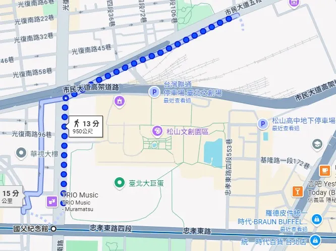 國父紀念館至鐵道博物館路線圖