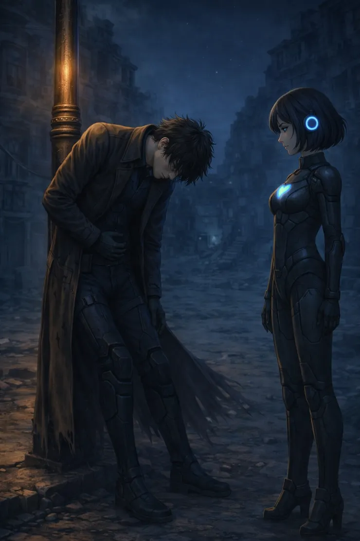 陽翔靠著路燈桿喘息，手按著腹部，神情痛苦。優娜站在一旁冷靜檢測，但眼神中流露出一絲困惑的微光。