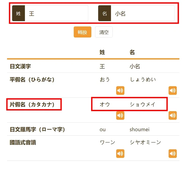 中文姓名轉換片假名
