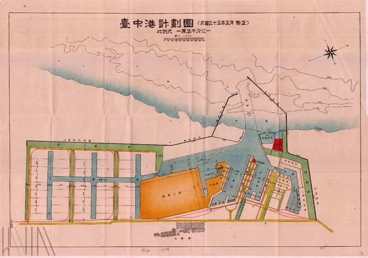 圖1 1946年1月，臺中港築港所成立並負責建設臺中港，當時建設計劃的藍圖〈臺中港計劃圖〉。檔號：B5018230601/0035/140.2/4010