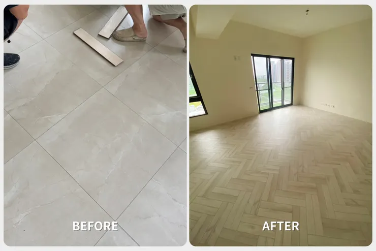 地板近拍特寫 - 展示雙人字拼細節與木紋質感