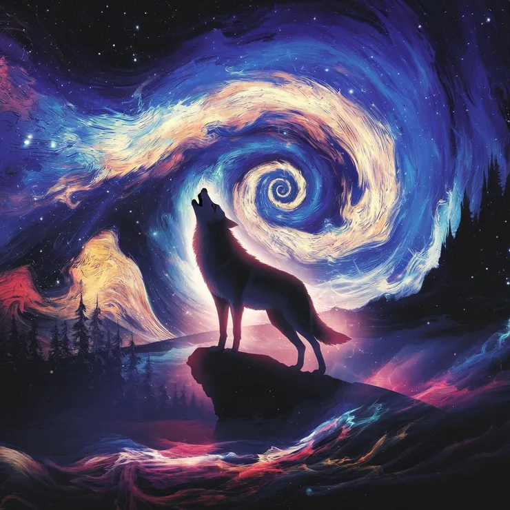 A dreamlike and majestic scene of a wolf howling while standing on a rock. The wolf is silhouetted against a swirling, magical starry sky with vibrant and luminous Van Gogh-like colors. The background is a dreamlike and majestic landscape. The image has an 8k resolution and has an ethereal and powerful atmosphere.