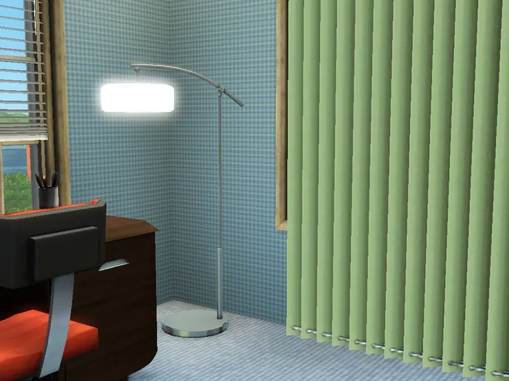 壁紙是藍白小格子，地上則鋪了灰藍色的地氈。