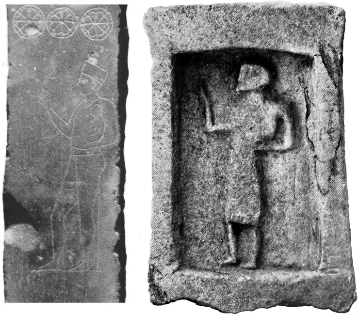 疑似獻祭嬰孩的祭司。limestone “priest-stela” from Carthage – adult and child (Icard C217, in Hours Miédan 1950–1951, pl. XXXV; G.-C. Picard 1955: Cb – 229). Fig. 2b: sandstone cippus from Motya – adult and child (based on Moscati and Uberti 1981: Tav. CLXXI, no. 951).