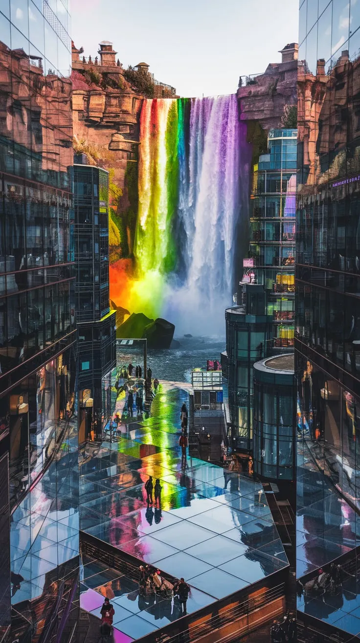 A photo of a rainbow-colored waterfall cascading down into a city made entirely of glass buildings. The buildings reflect and refract the light, creating vibrant patterns. People walk on glass streets, and their reflections mirror their movements.