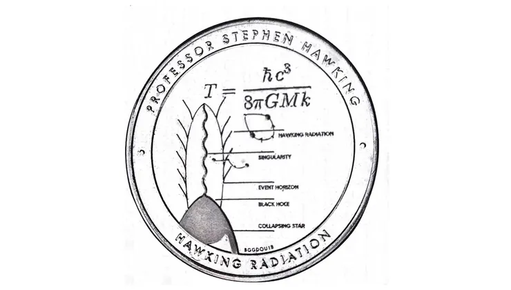 霍金的骨灰被安葬在西敏寺時所鑄造的紀念徽章，上面有黑洞溫度公式及霍金輻射產生的過程（截自《時間的起源》）