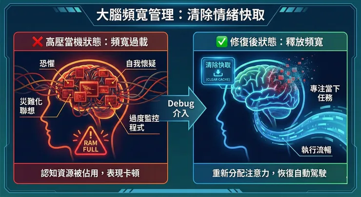覺得腦袋快爆炸時，閉上眼想像右邊這個畫面：按下『清除快取』鍵。這不是魔法，是把被恐懼佔用的 RAM 手動釋放出來，還給你的『執行力』