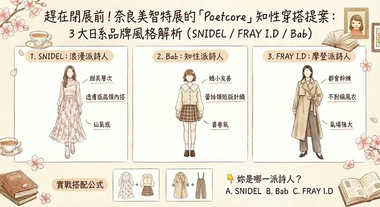 3 種「Poetcore」風格解析。左起為浪漫派的 SNIDEL、中間為知性派的 Bab (Lilye Boutique Tokyo)、右側為摩登派的 FRAY I.D。