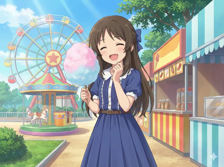 這張範例圖片的標記為：anime, blue hair bow, sidelocks, blue dress, pleated skirt, short sleeves, white collar, buttons, brown belt, holding a cotton candy, amusement park during the day
