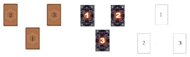 這是我從網路上輸入關鍵字「聖三角」所找到的圖，不難發現大家對於聖三角的順序有著完全不同的認知，因此我認為聖三角往往只是「這是一個使用三張牌的牌陣」的統稱，並不像「六芒星」或「賽爾特十字」這種年代較久遠的牌陣可以讓人產生共同認知