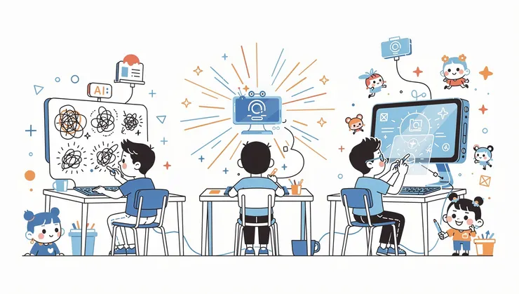 A playful, hand-drawn illustration depicting a student inputting rough ideas into an AI system, which then rapidly generates an initial prototype. The student then iterates on this prototype, modifying and refining the design.