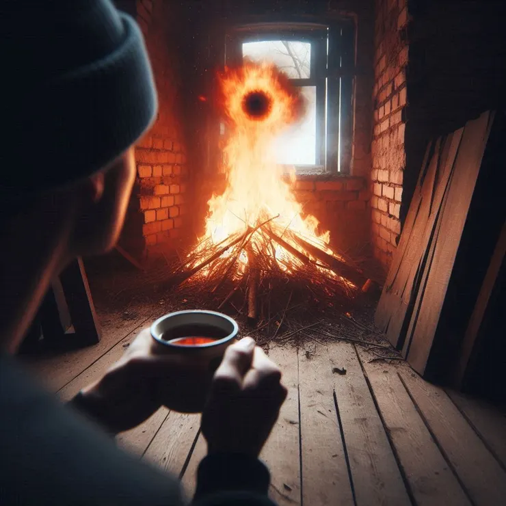 邊喝著茶，邊看著失火！ (小昕咒語Bing繪圖)