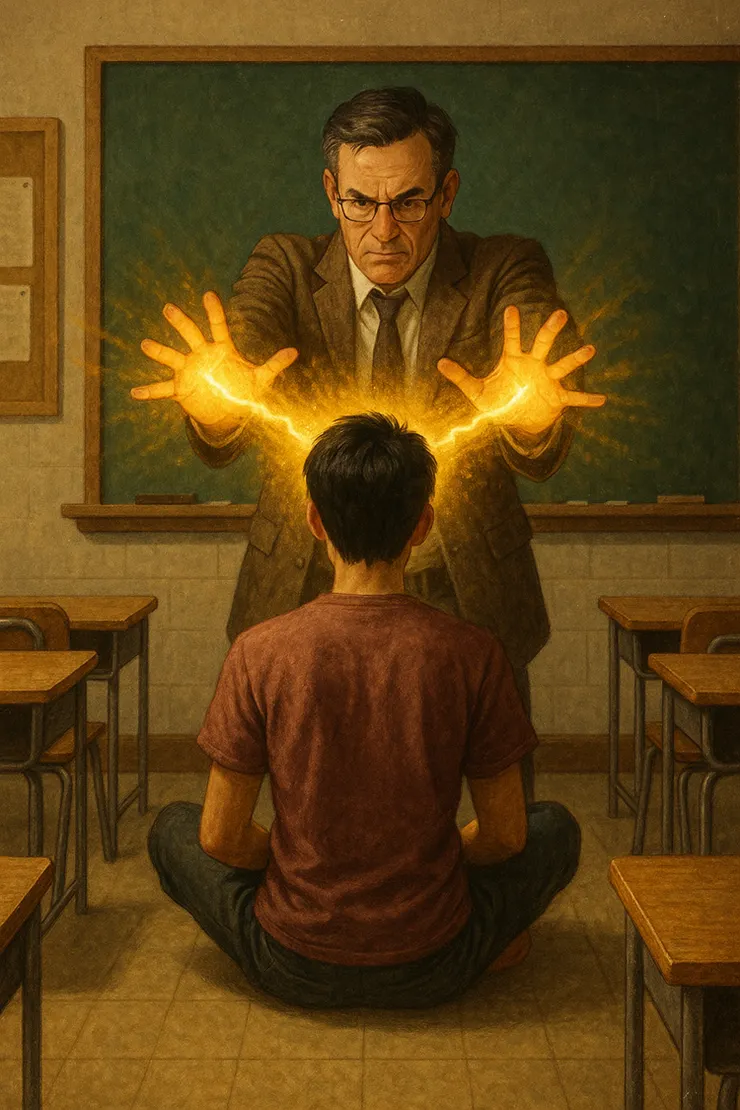 一位老師正在將畢生的心血內功，注入一位學生的腦內！(小昕咒語ChatGPT繪圖)