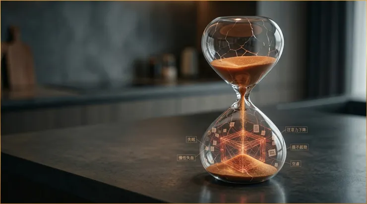 漏沙的沙漏是「慢性壓力（Chronic Stress）」最真實的視覺化。當情緒勞務成為持續運轉的背景程式，身心耗竭（Burnout）便會在不知不覺中掏空你的能量。