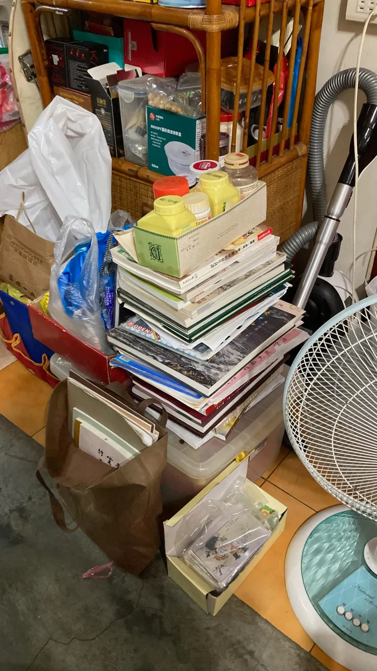 家裡走道上堆著一落又一落的物品