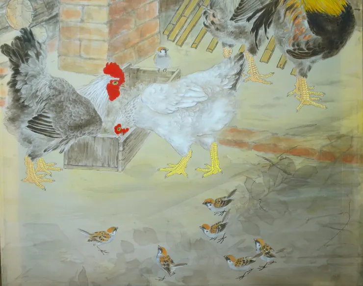 〈後院清晨〉局部－雞隻、麻雀