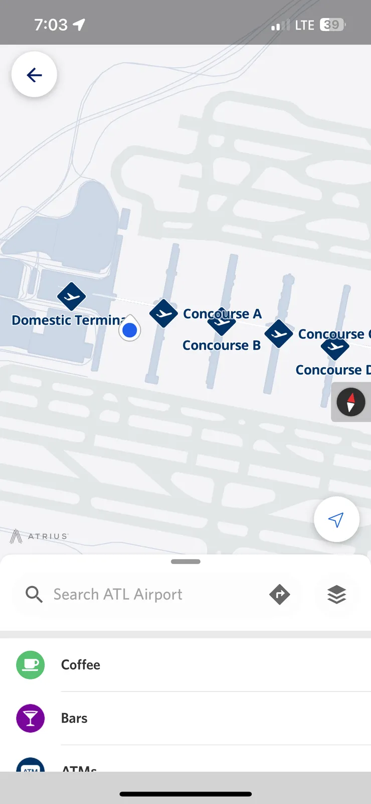Delta App 上的 ATL 機場地圖，藍點是我的所在位置