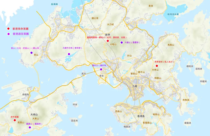 香港過往和目前的茶園分布(地圖由地政總署提供)