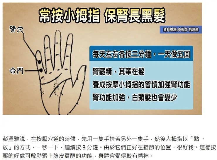 常按小指２穴道 輕鬆補腎氣-小指是主心跟腎。小指兩個指節，上面叫做腎穴，下面叫做命門穴