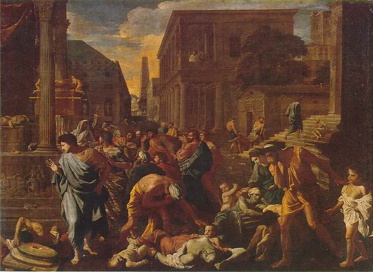 法國畫家尼古拉斯·普桑(Nicolas Poussin)的《阿什多德的瘟疫》(La Peste d'Asdod),雖然設定在古代近東城市阿什多德,但創作時正值義大利疫情高峰,普桑居於羅馬,這幅作品雖非直接描繪義大利街景,卻常被視為那場浩劫的視覺象徵。(公有領域)